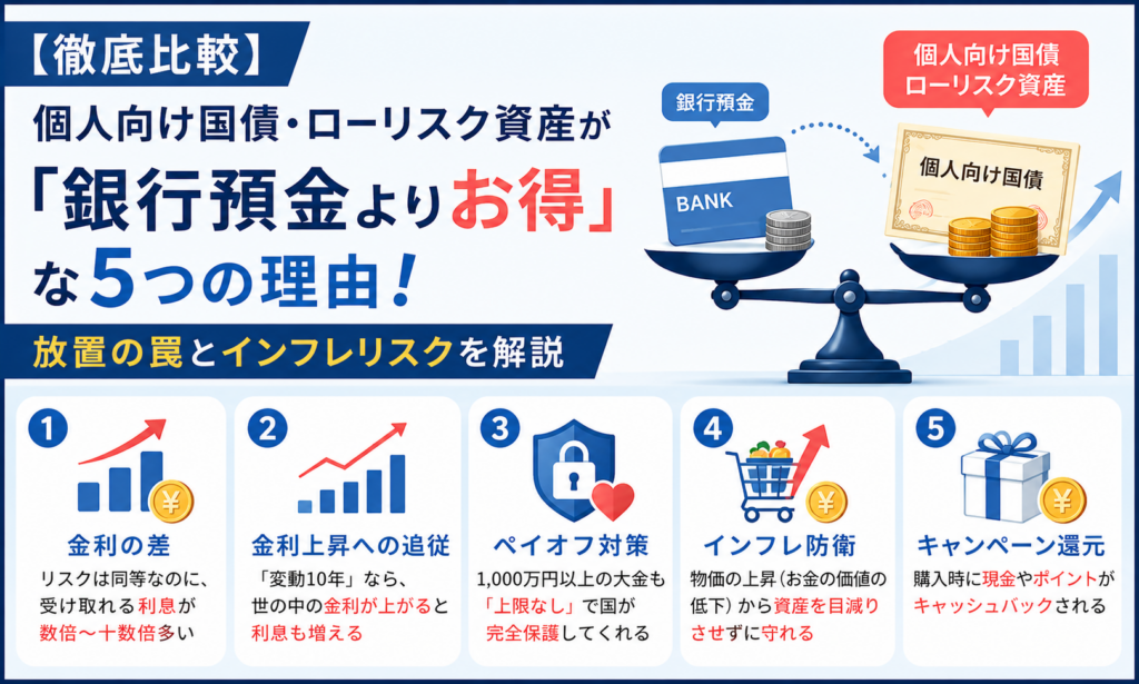 【徹底比較】個人向け国債・ローリスク資産が「銀行預金よりお得」な5つの理由！放置の罠とインフレリスクを解説